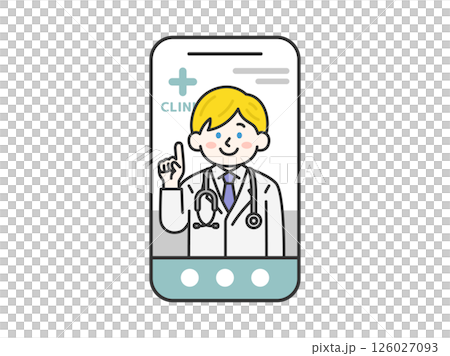スマートフォンでオンライン診療する、聴診器をつけた、白人の男性医師（線画カラー）のイラスト 126027093