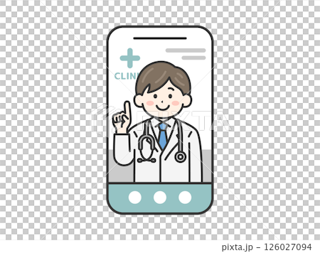 スマートフォンでオンライン診療する、聴診器をつけた、男性医師（線画カラー）のイラスト 126027094