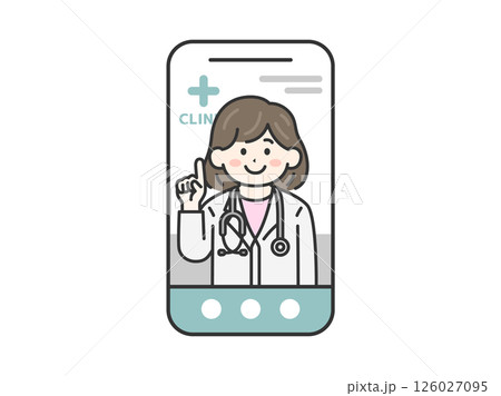 スマートフォンでオンライン診療する、聴診器をつけた、女性医師（線画カラー）のイラスト 126027095