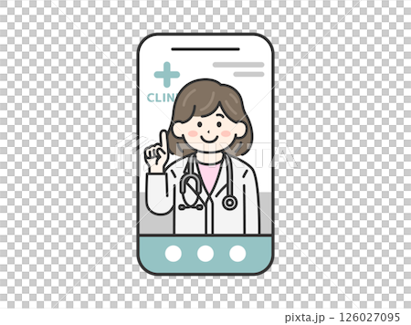 スマートフォンでオンライン診療する、聴診器をつけた、女性医師（線画カラー）のイラスト 126027095