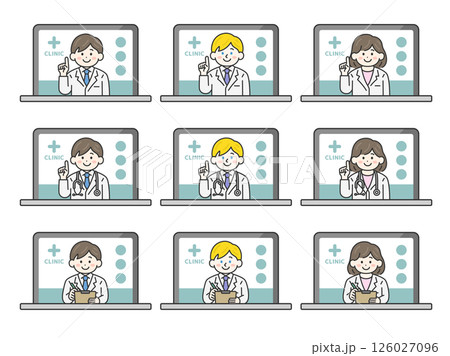 パソコンでオンライン診療する、医師（線画カラー）のイラストセット 126027096