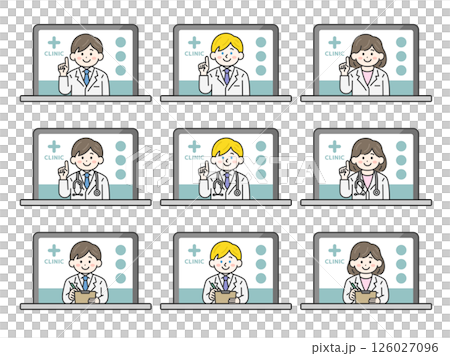 パソコンでオンライン診療する、医師（線画カラー）のイラストセット 126027096