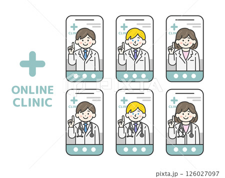 スマートフォンでオンライン診療する、医師（線画カラー）のイラストセット 126027097