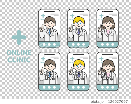スマートフォンでオンライン診療する、医師（線画カラー）のイラストセット 126027097