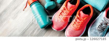 Colorful athletic shoes, water bottle, and dumbbells arranged on wooden floor, showcasing fitness gear and healthy lifestyle essentials for active individuals 126027185