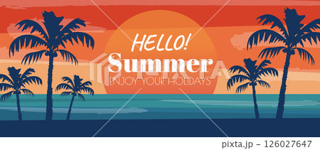 Summer horizontal sale banner. Shopping promotion poster template with retro tropical palm tree silhouettes and ocean sunset, invitation with vacation at island beach nature. Vector illustration. 126027647