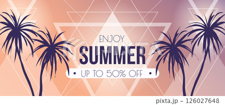 Summer horizontal sale banner. Shopping promotion poster template with tropical palm tree silhouettes, retro invitation with island beach nature and geometric triangle shapes. Vector illustration. Summer horizontal sale banner. Shopping promotion poster template with tropical palm tree silhouettes, retro invitation with island beach nature and geometric triangle shapes. Vector illustration. 126027648