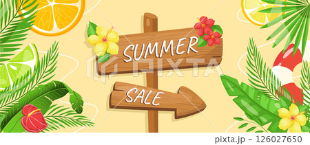 Summer horizontal sale banner. Shopping promotion poster template with signpost directions, hibiscus and calla lily flowers, green lush palm leaves, slices of orange, lemon, lime. Vector illustration. 126027650
