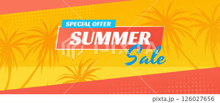 Summer horizontal sale banner. Shopping promotion poster template with tropical palm tree silhouettes, retro invitation with abstract island beach nature and exotic paradise. Vector illustration. Summer horizontal sale banner. Shopping promotion poster template with tropical palm tree silhouettes, retro invitation with abstract island beach nature and exotic paradise. Vector illustration. 126027656