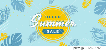 Summer horizontal sale banner. Shopping promotion poster template with abstract silhouettes of tropical palms foliage and lush monstera leaves, exotic jungle leaflets decoration. Vector illustration. Summer horizontal sale banner. Shopping promotion poster template with abstract silhouettes of tropical palms foliage and lush monstera leaves, exotic jungle leaflets decoration. Vector illustration. 126027658