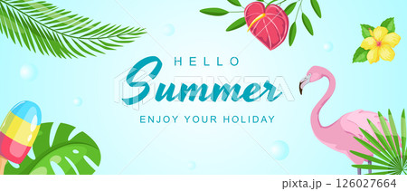 Summer horizontal sale banner. Shopping promotion poster template with tropical palm and monstera leaves, hibiscus and calla lily flowers, fruit ice cream, pink flamingo bird. Vector illustration. 126027664