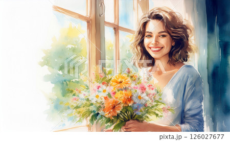 窓辺で花束を抱く若い女性 126027677