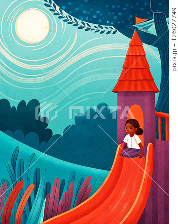Embark on a Playful Slide Set in a Vibrant and Colorful Fantasy Landscape Full of Life 126027749
