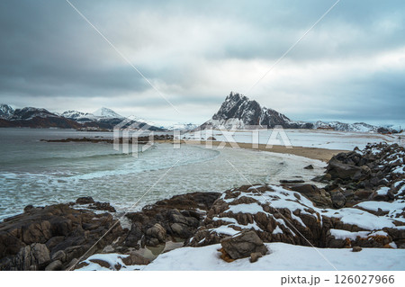 Snowy Storsandnes Beach with Mountain Backdrop in Lofoten Snowy Storsandnes Beach with Mountain Backdrop in Lofoten 126027966