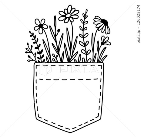 Flowers in pocket, hand drawn floral pattern with daisy, chamomile, wildflowers Flowers in pocket, hand drawn floral pattern with daisy, chamomile, wildflowers 126028174