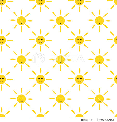 Seamless Pattern. Smiling Face Sun. Vector flat illustration. 126028268