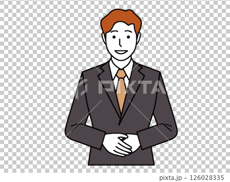正面を向き、両手を前で重ねて話すスーツの男性。その2 正面を向き、両手を前で重ねて話すスーツの男性。その2 126028335
