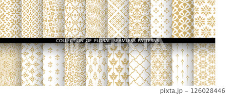 Geometric floral set of seamless patterns. White and golden vector backgrounds. Damask graphic ornaments 126028446