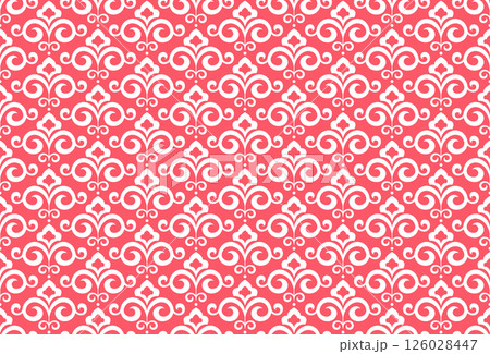Flower geometric pattern. Seamless vector background. White and pink ornament. Ornament for fabric, wallpaper, packaging. Decorative print 126028447