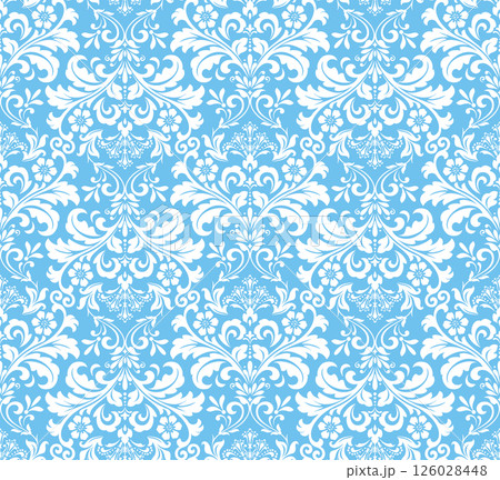 Floral pattern. Seamless vector background. Vintage wallpaper in the Baroque style. White and blue ornament for fabric, wallpaper, packaging. Ornate Damask flower illustration 126028448