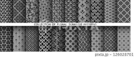 Geometric floral set of seamless patterns. Gray and black vector backgrounds. Damask graphic ornaments 126028701
