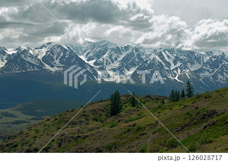 View of the peaks of the Altai Mountains from the Kurai steppe View of the peaks of the Altai Mountains from the Kurai steppe 126028717