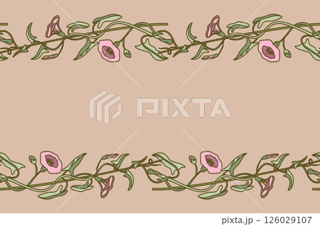 Botanical floral horizontal seamless border isolated on beige background. Hand drawn bindweed plant with pastel pink Flowers Stems green Leaves vector illustration. Graphic design element for Wedding Botanical floral horizontal seamless border isolated on beige background. Hand drawn bindweed plant with pastel pink Flowers Stems green Leaves vector illustration. Graphic design element for Wedding 126029107