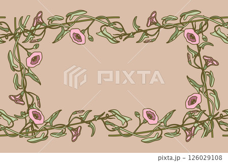 Botanical floral frame isolated on beige background. Hand drawn bindweed plant with pastel pink Flowers Stems green Leaves vector illustration. Graphic design element for Wedding Birthday Greeting Botanical floral frame isolated on beige background. Hand drawn bindweed plant with pastel pink Flowers Stems green Leaves vector illustration. Graphic design element for Wedding Birthday Greeting 126029108