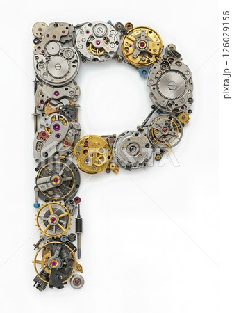 Mechanical Typeface  Design Created from Vintage Clockwork Gears the Character P 126029156