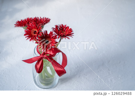 Gerbera Red Flowers in Glass Vase Gerbera Red Flowers in Glass Vase 126029488