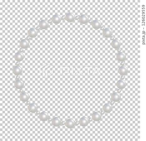 豐滿的圓形鏡框，鑲有一排大大小小的白色珍珠。項鍊的透明 3DCG 插圖。 126029559