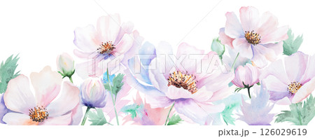 Border made with watercolor pink peony flowers and leaves, pastel wedding isolated illustration Border made with watercolor pink peony flowers and leaves, pastel wedding isolated illustration 126029619