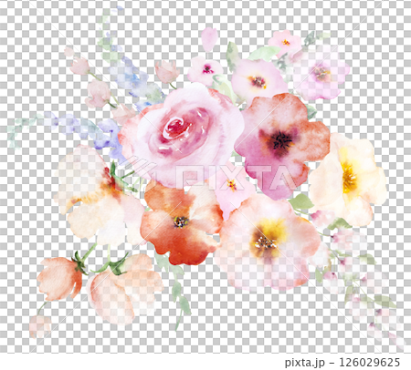 Bouquet with Watercolor pink and yellow flowers and leaves, pastel wedding isolated illustration Bouquet with Watercolor pink and yellow flowers and leaves, pastel wedding isolated illustration 126029625