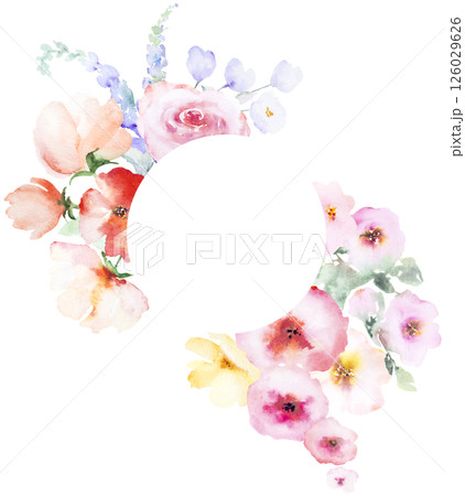 Frame with Watercolor pink and yellow flowers and leaves, pastel wedding isolated illustration 126029626