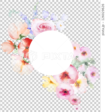 Frame with Watercolor pink and yellow flowers and leaves, pastel wedding isolated illustration 126029626