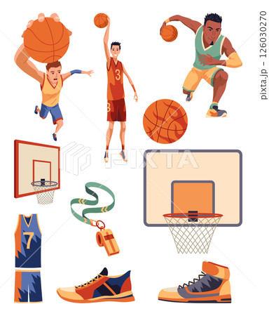 Basketball elements set. Game equipment. Different play stuff for professional sport. Basketball players in uniform with ball. Cartoon flat vector illustration isolated on white background 126030270
