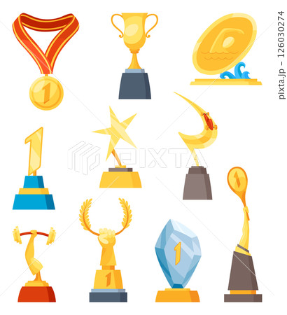 Awards cup icon set. Trophy symbol, winners cup, for first place. Champions trophy, 1st prize reward. Symbol of victory in sporting event, competition. Vector cartoon illustration Awards cup icon set. Trophy symbol, winners cup, for first place. Champions trophy, 1st prize reward. Symbol of victory in sporting event, competition. Vector cartoon illustration 126030274
