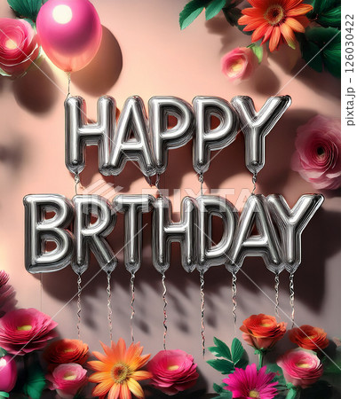 花やバルーンをモチーフにしたデコラティブなバースデーメッセージカード 126030422
