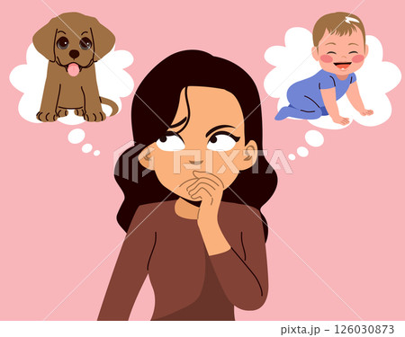 Woman Thinking About Child or Dog Life Decision Concept Vector Illustration Woman Thinking About Child or Dog Life Decision Concept Vector Illustration 126030873