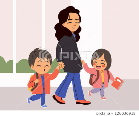 Boy Going to School with Mom and Sister Morning Routine Cartoon Concept Vector Illustration 126030919