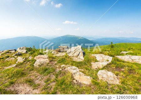 alpine meadows of carpathian mountain smooth also called runa. grass and stones on the edge of a hill in summer. outdoor adventure. view in to the distant valley on sunny afternoon with clouds on sky 126030968