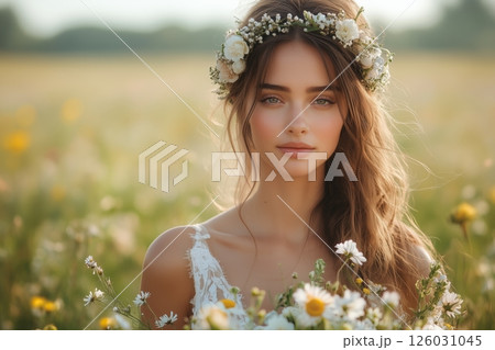 a bride in a flowy lace boho wedding dress and a flower crown, standing barefoot in a meadow, holding a wildflower bouquet, soft natural lighting 126031045