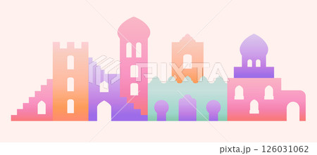 Abstract arabic city buildings. Geometric boho aesthetic vector elements for Ramadan Kareem greeting card, invitation, banner. 126031062