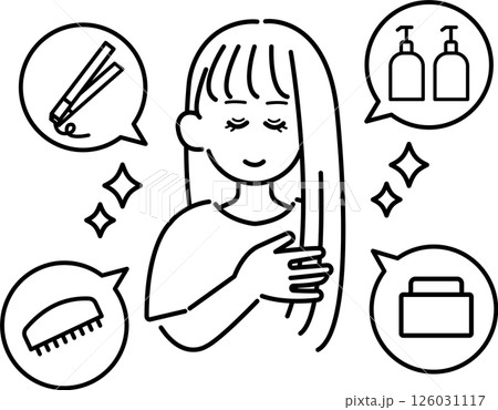 ヘアケアをする女性のイラスト　線画のみ 126031117