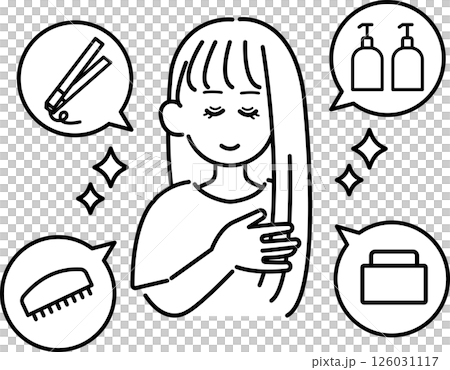 一位女士做頭髮護理的插圖（僅畫線） 126031117
