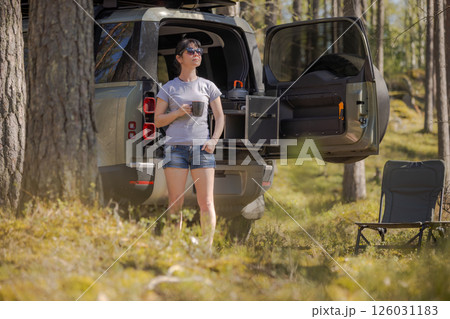 Trip in the nature by car family vacation on the weekend. 126031183