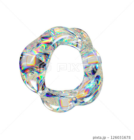 Abstract 3D glass ring with iridescent surface, liquid flow, waving shape. Transparent torus blob with colorful reflections. Ideal for modern digital design or futuristic art. 126031678
