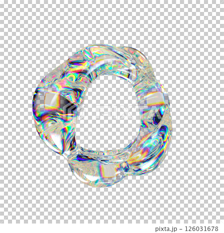 Abstract 3D glass ring with iridescent surface, liquid flow, waving shape. Transparent torus blob with colorful reflections. Ideal for modern digital design or futuristic art. 126031678