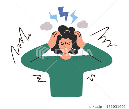 Flat cartoon illustration of tired stressed woman holding head in pain, frustration and anxiety concepts. Emotional health, inner peace vector illustration, mental balance, personal wellbeing Flat cartoon illustration of tired stressed woman holding head in pain, frustration and anxiety concepts. Emotional health, inner peace vector illustration, mental balance, personal wellbeing 126031692
