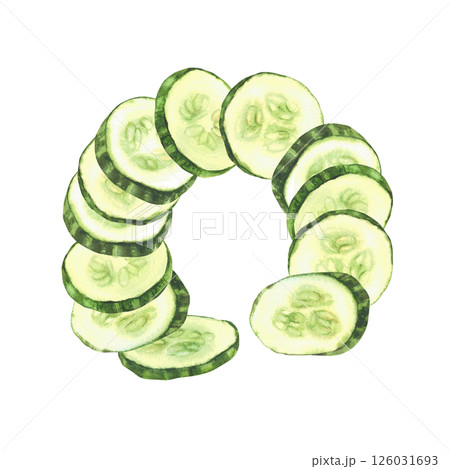 Watercolor cucumber slices. Fresh vegetable slised cucumber circles with seeds in round composition Realistic hand drawn food illustration for salad, cosmetic label design. Isolated from background Watercolor cucumber slices. Fresh vegetable slised cucumber circles with seeds in round composition Realistic hand drawn food illustration for salad, cosmetic label design. Isolated from background 126031693